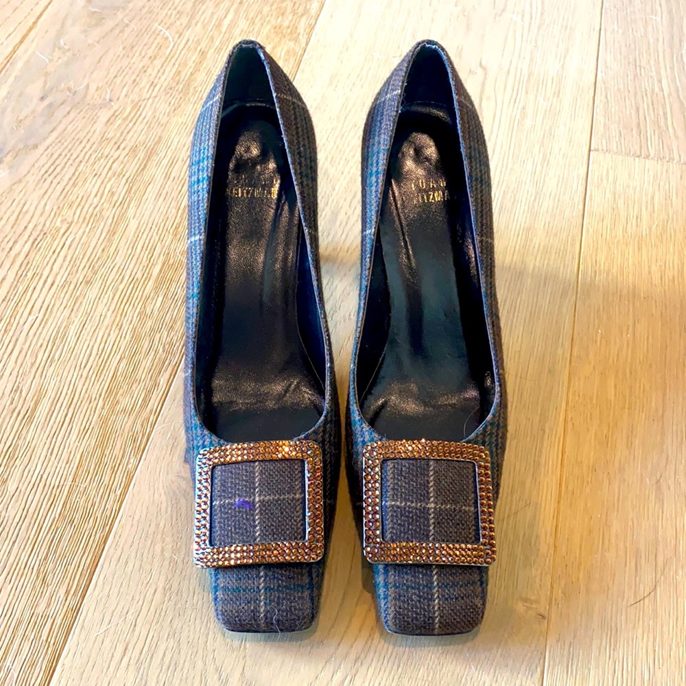 90s vintage Stuart Weitzman plaid heels with rhinestone accent buckle.